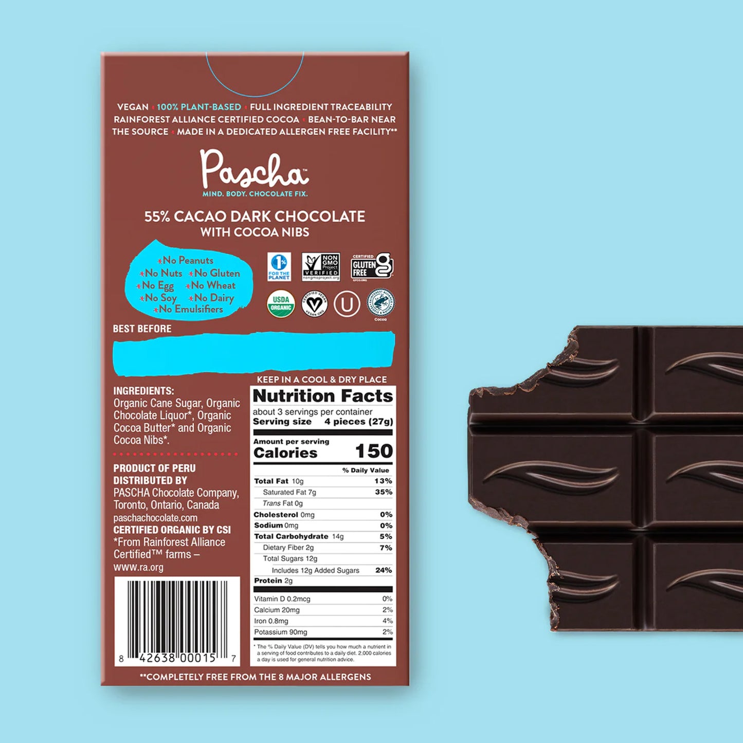 Pascha Organic Vegan Dark Chocolate Bar with Cocoa Nibs: Textura Crujiente y Sabor Intenso | ProHealth Shop [Panamá]