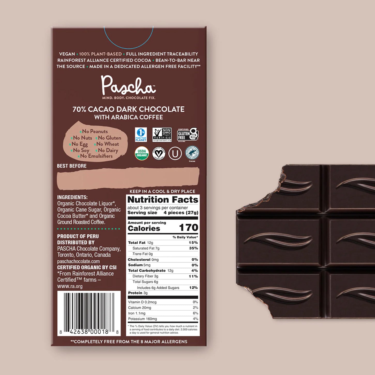 Pascha Organic Vegan Dark Chocolate Bar with Arabica Coffee: Experiencia Chocolate-Café en Cada Bocado | ProHealth Shop [Panamá]