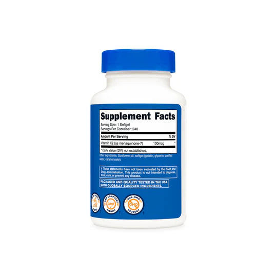 Vitamin K2 MK-7 Softgels (100 MCG) (240 Softgels).